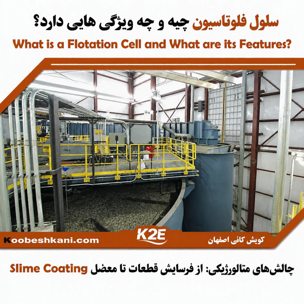 تصویر یک سلول فلوتاسیون صنعتی در کارخانه فرآوری مواد معدنی، همراه با عنوان «سلول فلوتاسیون چیه و چه ویژگیهایی داره؟» و اشاره به چالشهای متالورژیکی، فرسایش قطعات و پدیدهٔ Slime Coating؛ با برند کوبش کانی اصفهان (K2E).