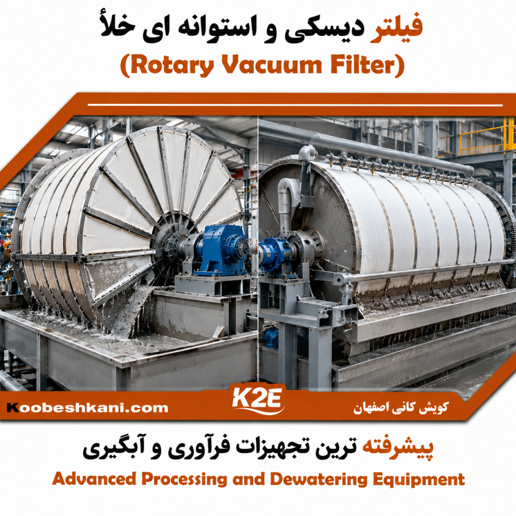 فیلتر دیسکی و استوانهای خلا (Rotary Vacuum Filter)؛ تجهیزات صنعتی پیشرفته برای آبگیری و جداسازی آب از اسلاری در صنایع معدنی و فرآوری مواد معدنی. نمایش تصویری از فیلتراسیون خلأ دیسکی و درامی با جزئیات صنعتی، جهت افزایش راندمان آبگیری و تولید کیک فیلتر خشک با کیفیت. ارائهدهنده راهکارهای مهندسی تجهیزات فرآوری و آبگیری توسط کوبش کانی اصفهان (K2E)، تولیدکننده ماشینآلات خردایش و نرمایش پیشرفته.